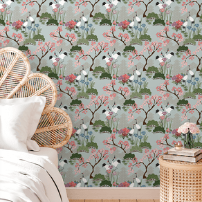 Quarto-com-papel-de-parede-garcas-e-cerejeiras Quarto-com-papel-de-parede-garcas-e-cerejeiras