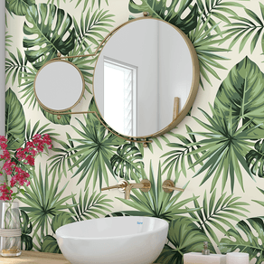 Banheiro-com-papel-de-parede-folhagem Banheiro-com-papel-de-parede-folhagem